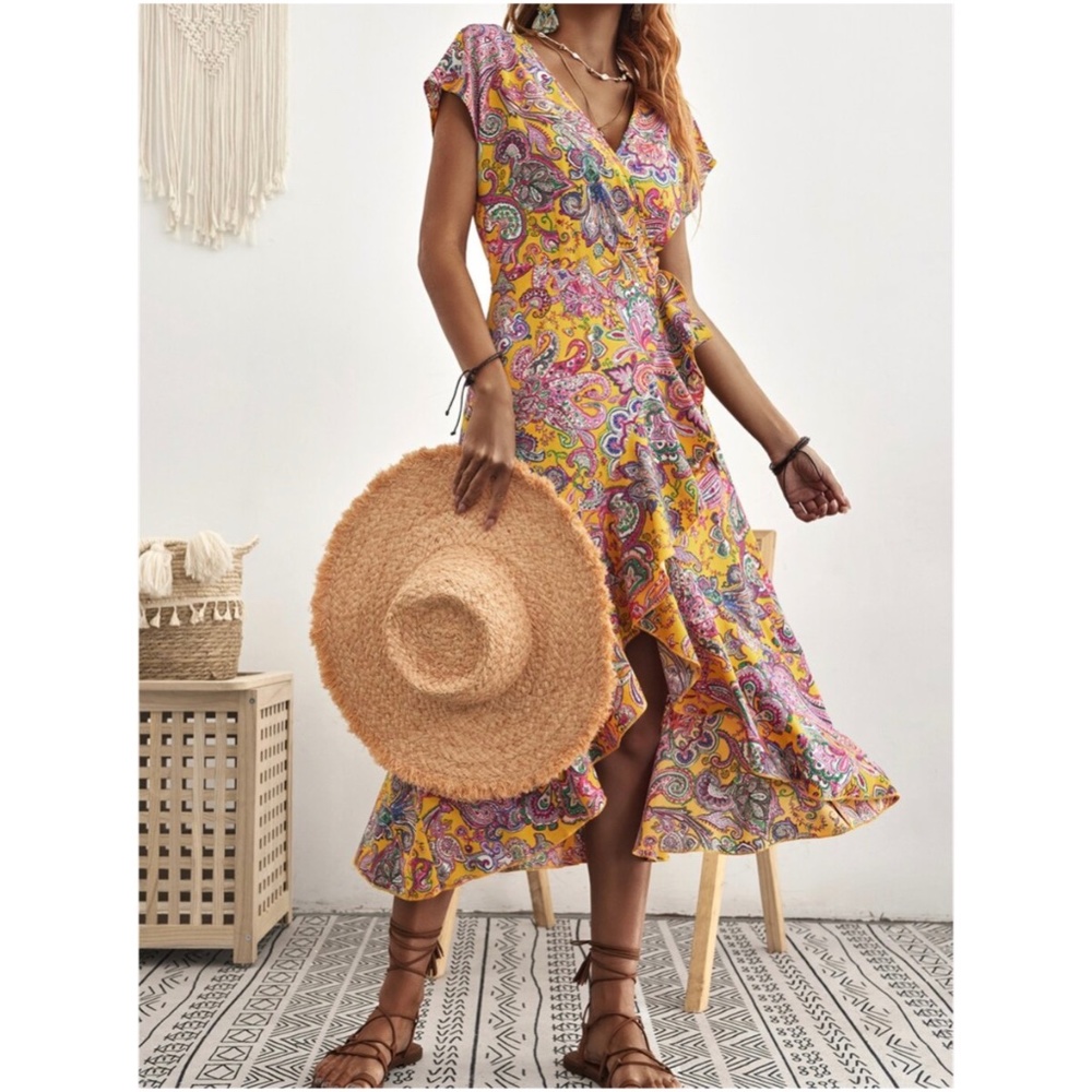 Bohemian Yellow Floral Paisley Print Wrap Midi Cottagecore Dress - Picture 5 of 6